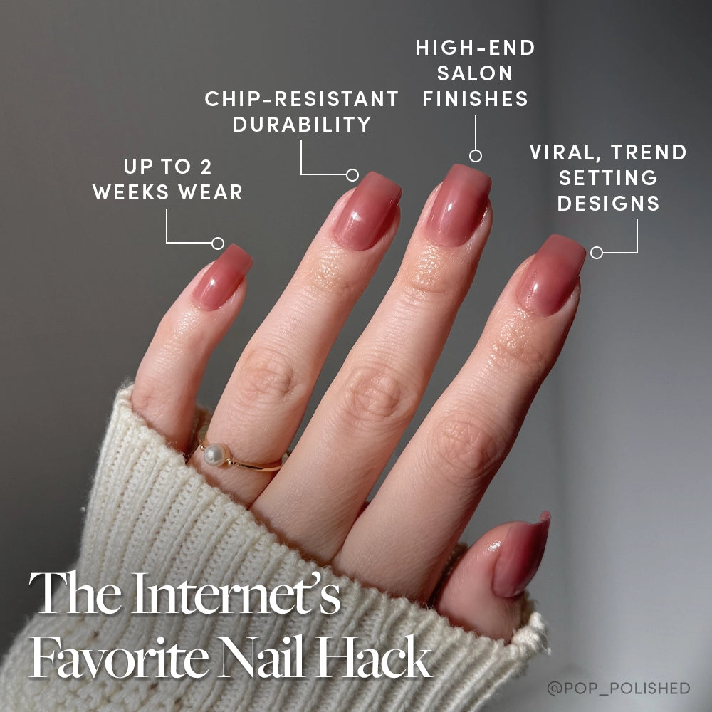 A hand displays glamnetic’s Dusty Pink press-on nails in a medium square shape and glossy finish. Enjoy up to 2 weeks wear, chip-resistant durability, high-end salon look, and viral trend-setting designs. - Product image