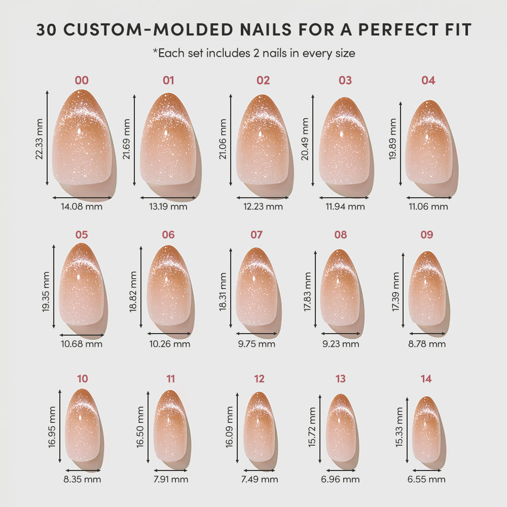 The glamnetic EARNED NOT GIVEN chart displays 15 sizes of custom-molded artificial nails (sizes 00–14) with length and width in millimeters; each includes two short almond press-ons for versatile nail shapes. - Product image