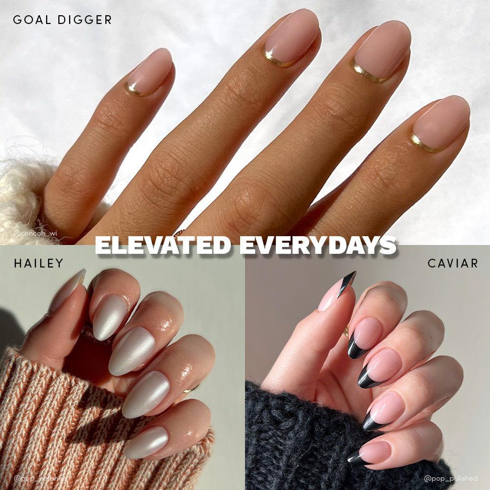Collage of three glamnetic nail designs—Goal Digger (gold-tipped nude), Hailey Caviar (silver metallic), and pink with black French tips—from the Elevated Everydays set. Includes Nail Glue for easy application.