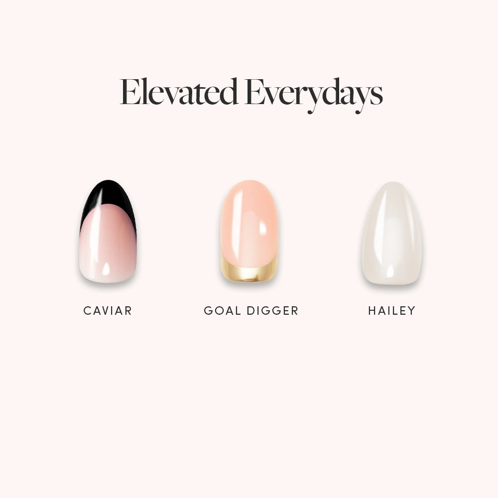Three glamnetic nails—Hailey Caviar, Goal Digger, and Hailey—shine under the text "Elevated Everydays," polished to perfection using Brush On Nail Glue for a flawless, salon-worthy finish.
