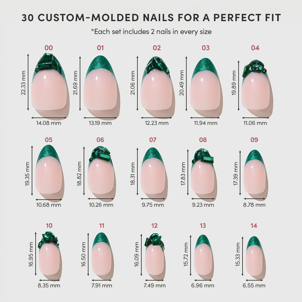 A glamnetic chart displays 15 sizes of Emerald custom-molded press-on nails, each with pink bases and green tips, labeled with their width and length in millimeters. - Product image