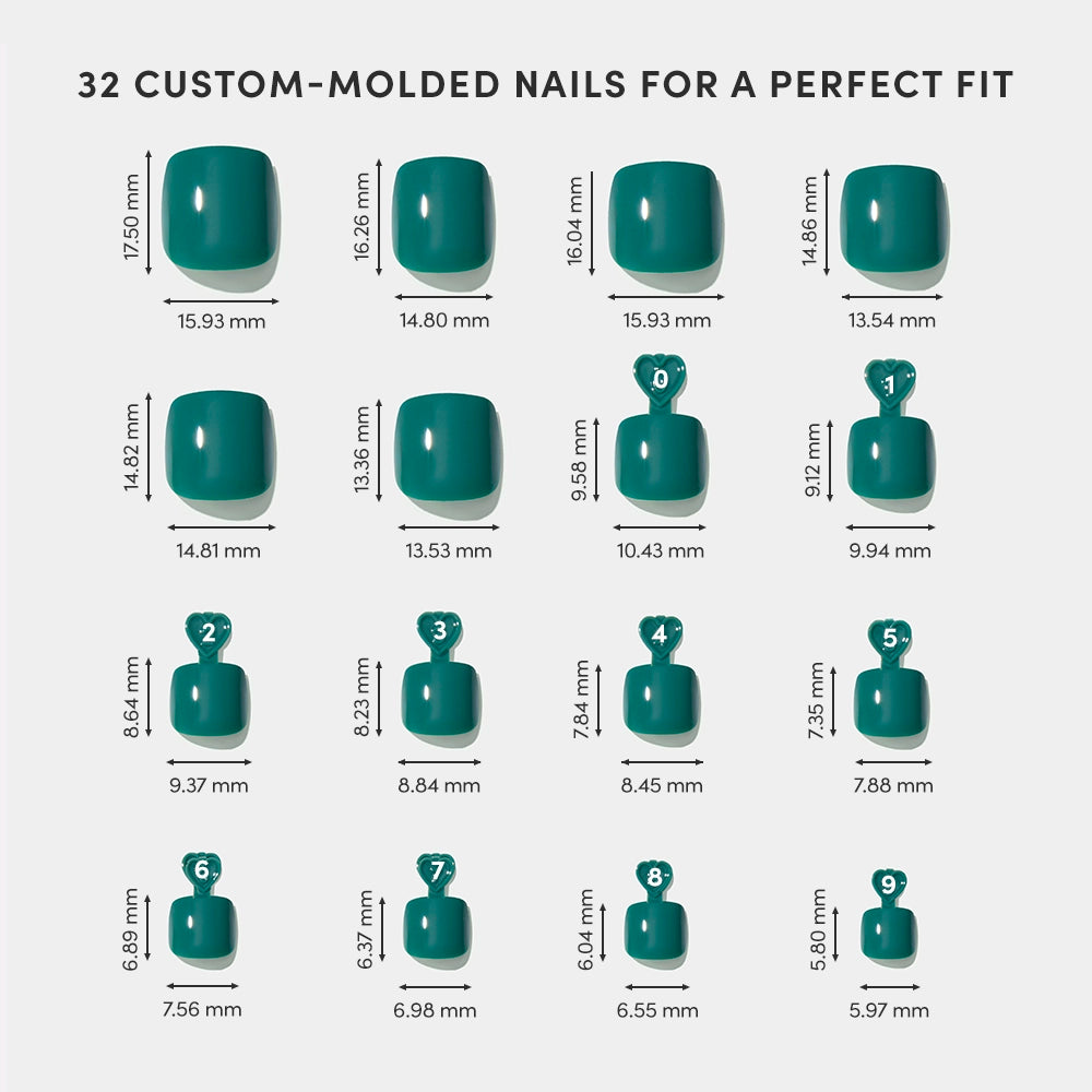 A chart showcases 16 sizes of glamnetic Emerald Green Toenails, labeled 1–8 in two rows. Each vegan, cruelty-free press-on lists its width and length in millimeters to ensure a perfect fit. - Product image
