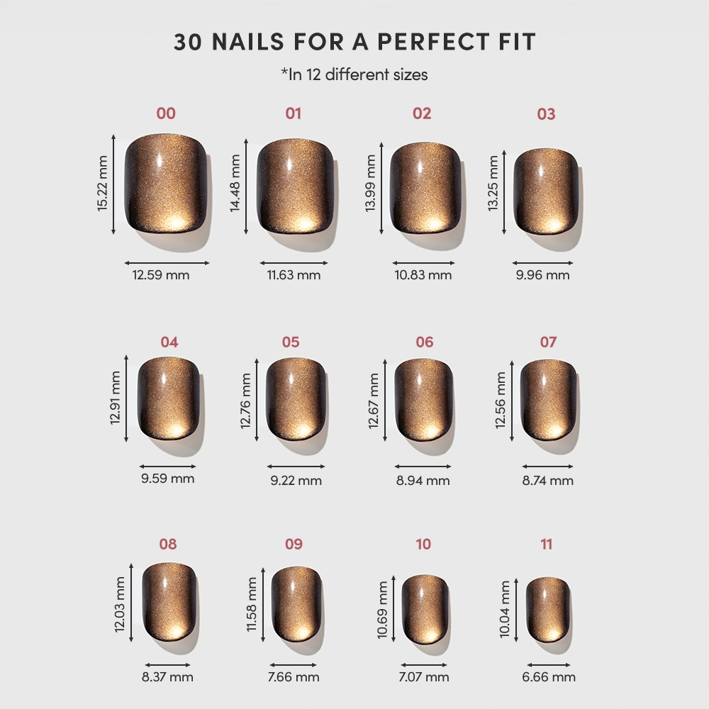 Image displays 12 sizes of glamnetic Enstatite Press-On Nails in metallic brown (sizes 00–11), with length and width in millimeters. Text above states: 30 Salon-Quality Nails for a Perfect Fit. - Product image