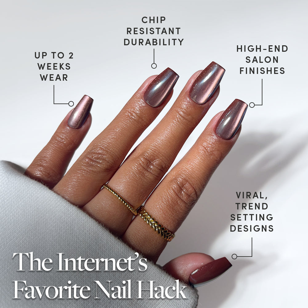 A hand displays glamnetic’s Espresso Glow medium coffin nails in shiny metallic mauve. Features: up to 2 weeks wear, chip-resistant durability, salon-quality finishes, and trend-setting designs. Caption: “The Internet’s Favorite Nail Hack.”. - Product image