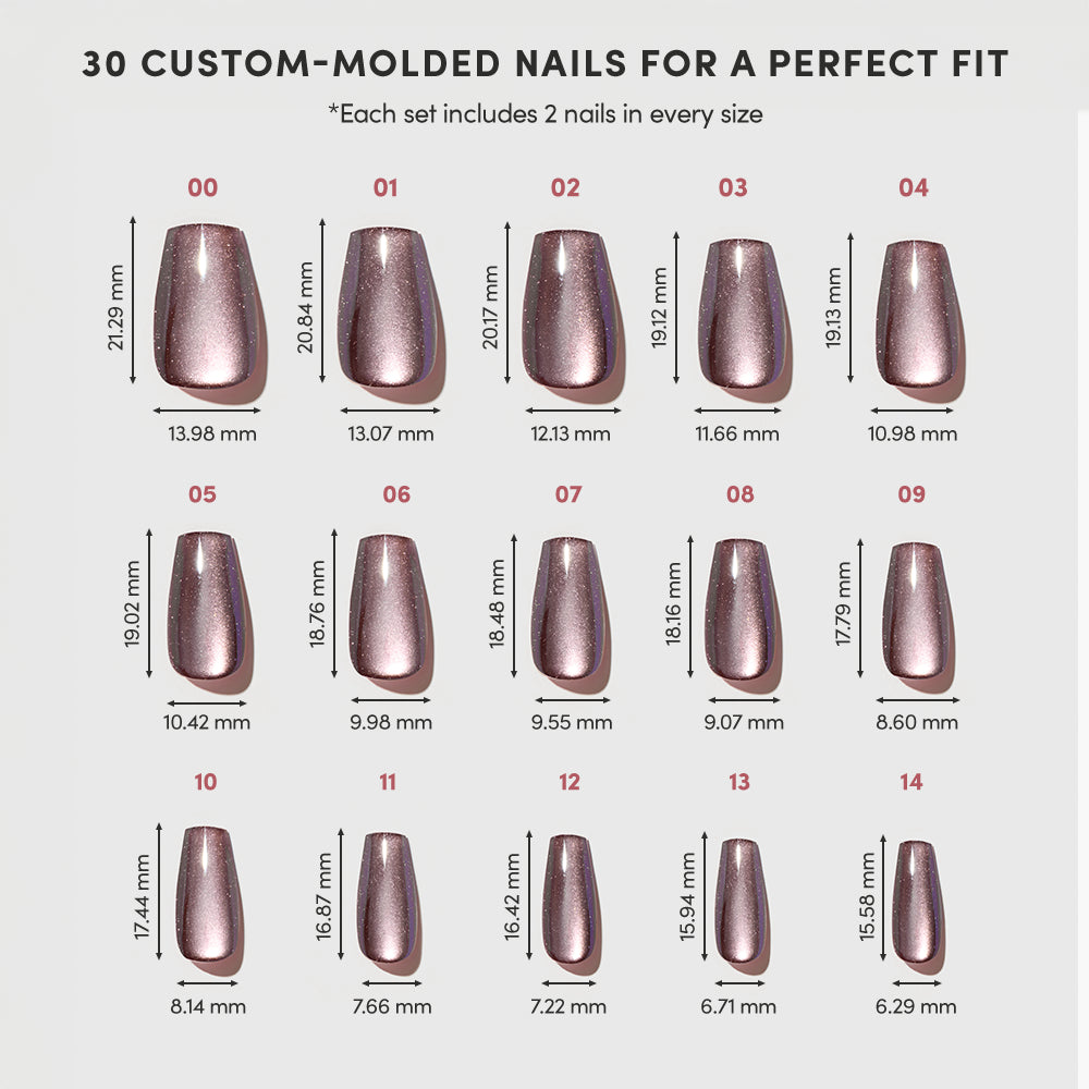 Espresso Glow by glamnetic: Chart displays 15 metallic press-on nail sizes, including medium coffin, labeled with length and width in millimeters. Above, text states: 30 custom-molded nails for a perfect fit. - Product image