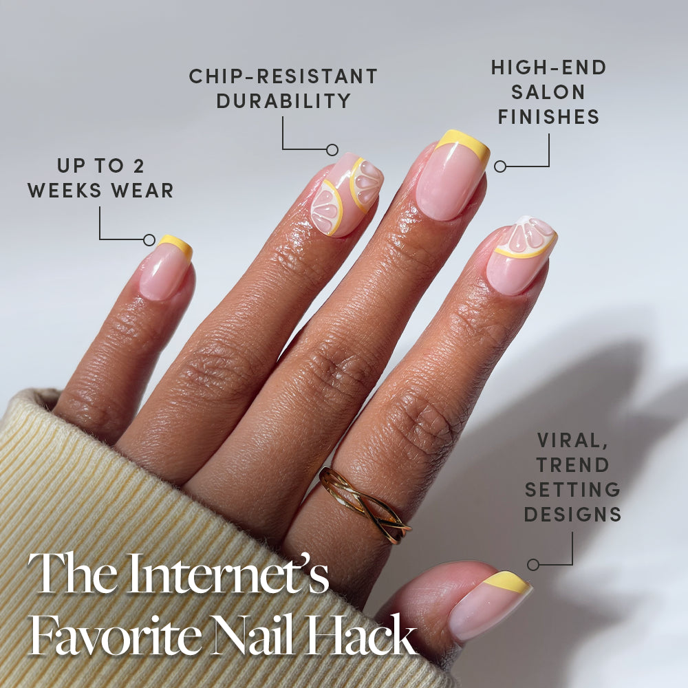 The glamnetic Limonata press-ons feature lemon-themed yellow French tips on short squoval nails, offering chip-resistant durability, high-end finishes, up to 2 weeks of wear, and viral trend-setting designs. The Internet's Favorite Nail Hack. - Product image