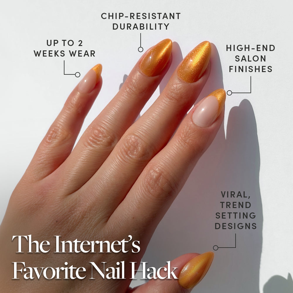 A hand with long, almond-shaped nails features glamnetic's Orange Pop—a vibrant gradient of orange tones with a glossy velvet finish. Enjoy up to 2 weeks wear, chip-resistant formula, high-end look, and trendy designs. - Product image