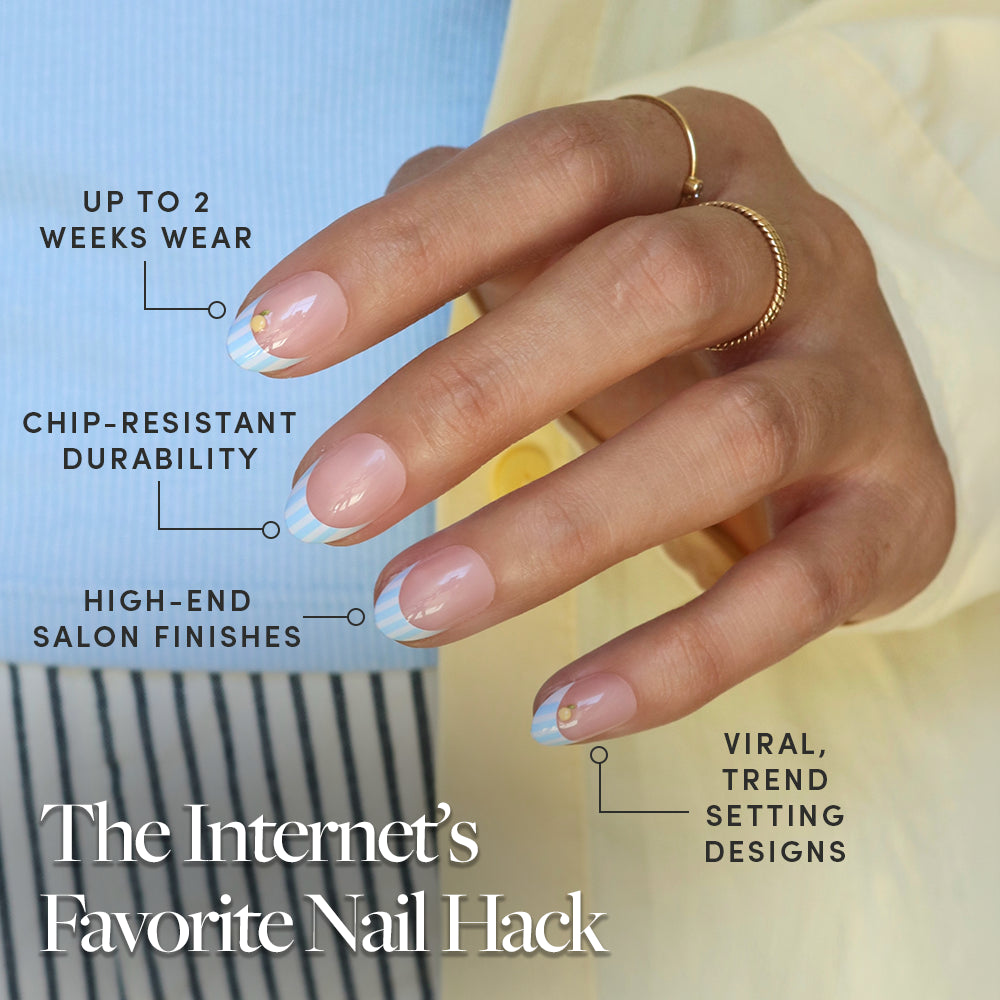 A hand with gold rings shows off glamnetic’s Summer Fresco Short Oval Nails—light blue and white tips with gold accents. Text highlights up to 2 weeks’ wear, chip resistance, salon finish, and trendy press-on nail designs. - Product image