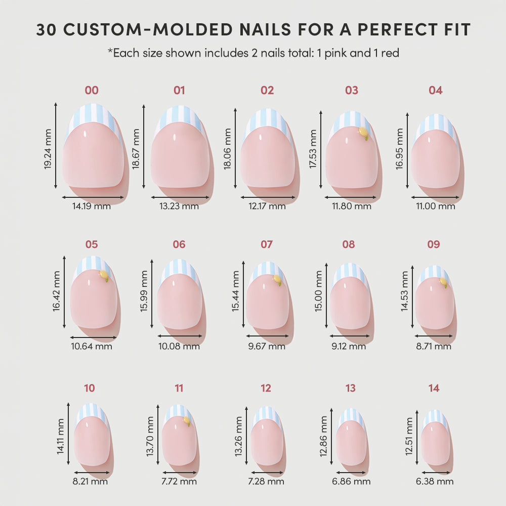 A chart shows 15 size options for glamnetic’s Summer Fresco custom-molded press-on nails, each labeled with a number, width, and length in millimeters, all set against a white background—perfect for your summer nail set. - Product image