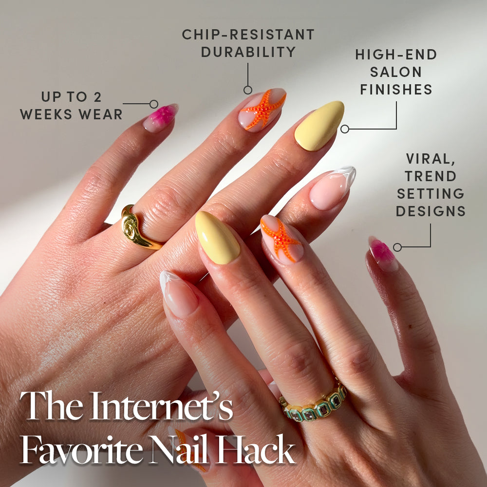 Two hands show off glamnetic’s Sunset Tide short almond press-ons in trendy French tips and tropical designs. Enjoy chip-resistant durability, salon-quality finish, and up to 2 weeks of flawless wear. - Product image