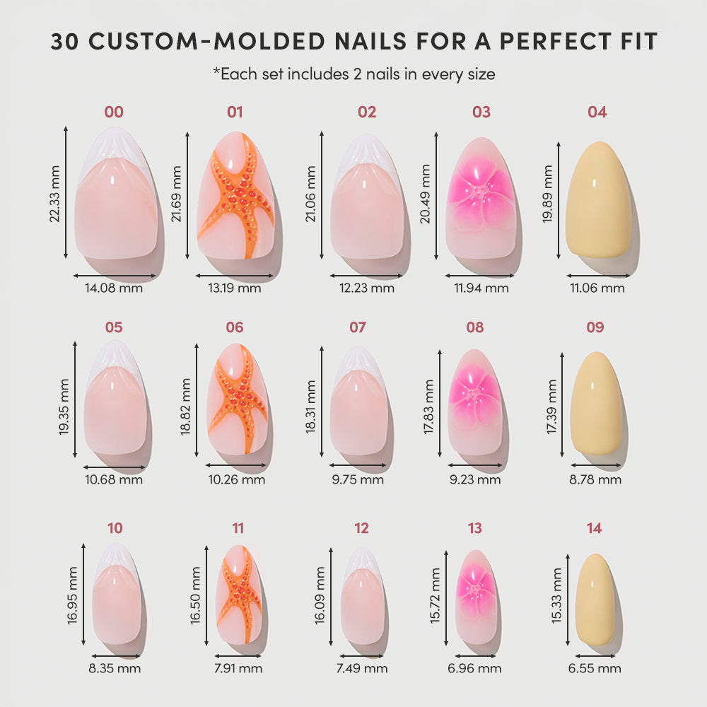 A chart of glamnetic’s Sunset Tide custom-molded press-on nails shows 15 sizes, including French tips and short almond shapes, each labeled with its length and width in millimeters. - Product image