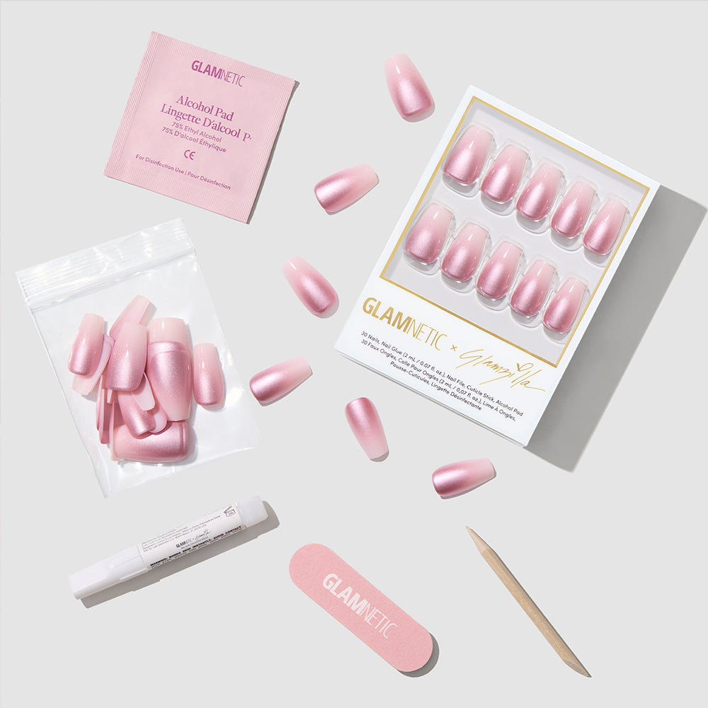The glamnetic EVERYDAY BEAUTY QUEEN set includes glossy ombré coffin press-on nails, an alcohol pad, nail file, cuticle stick, nail glue, and extra nails arranged neatly on a white surface. - Product image