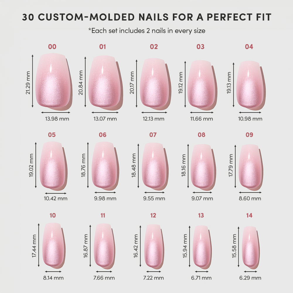 The glamnetic EVERYDAY BEAUTY QUEEN chart shows 30 custom-molded pink coffin press-on nails in five columns and six rows, each labeled with size numbers and millimeter dimensions; caption notes two nails per size in each set. - Product image