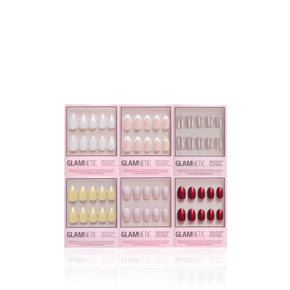 Glamnetic magnetic nail caps display with various colors on a white background - Product image