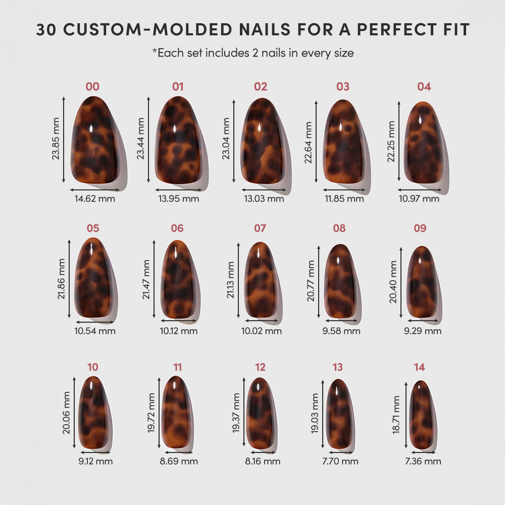 A chart of 15 custom-molded, almond-shaped tortoiseshell nails from glamnetic’s Expensive Taste, labeled by length and width in millimeters and arranged in two rows—get a salon-quality manicure at home. - Product image