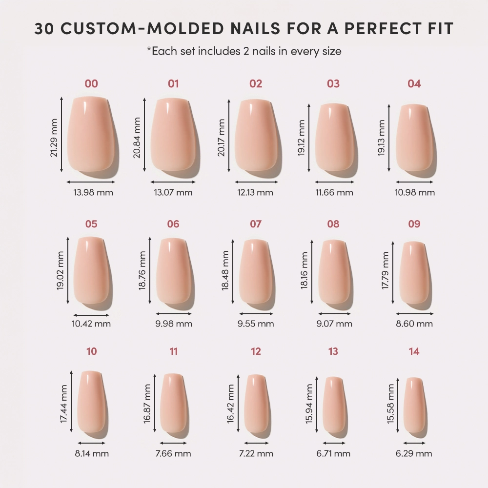The glamnetic Exposed set features a chart of 15 coffin-shaped, custom-molded artificial nail sizes (00–14), each labeled with width and length measurements in millimeters. The set includes 2 nails per size, totaling 30 nails. - Product image