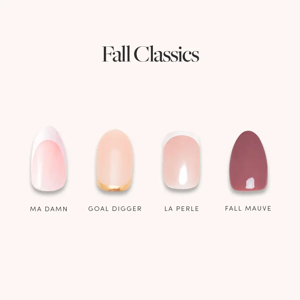 The Fall Classics set by glamnetic features four nail polish shades: MA DAMN (light pink), GOAL DIGGER (beige with gold tip), LA PERLE (pale beige), and FALL MAUVE (dusty mauve)—ideal for your next press-on nails look.