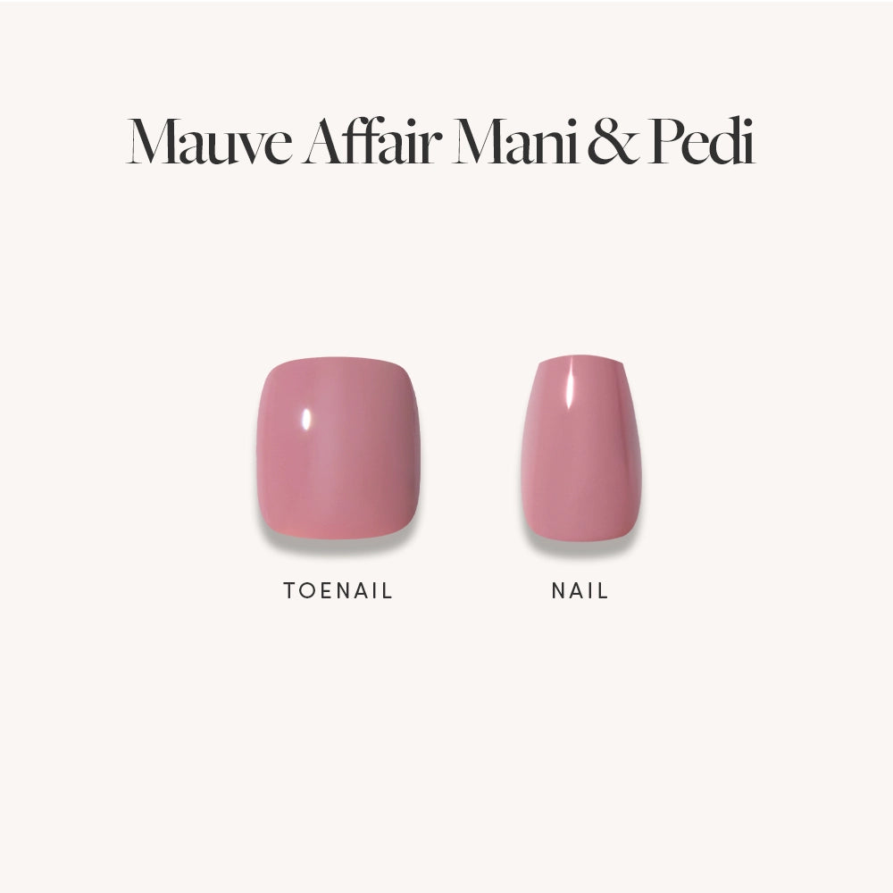 Two artificial mauve nails, one for a toenail and one for a fingernail, are displayed side by side. Above them, the text reads: glamnetic Muted Blush Mauve Mani & Pedi Bundles—ideal chic press-on nails for matching manicures and pedicures. - Product image