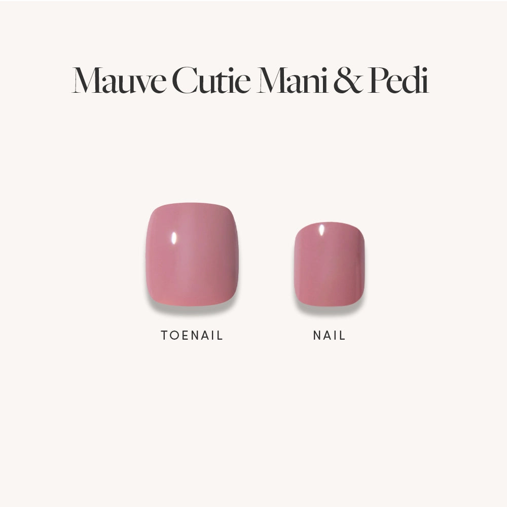 Two press-on nails labeled toenail and nail, both in glossy mauve pink, are displayed on a light background with "Muted Blush Mauve Mani & Pedi Bundles" by glamnetic—ideal for your next mani pedi. - Product image