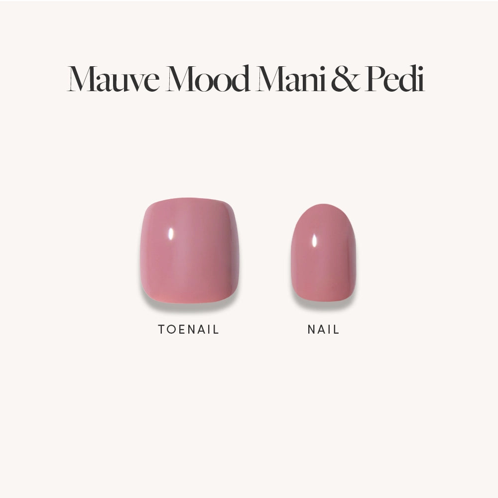 Two artificial press-on nails from glamnetic are displayed, one labeled TOENAIL and the other NAIL, both painted in glossy mauve. The text above reads Muted Blush Mauve Mani & Pedi Bundles on a light background. - Product image