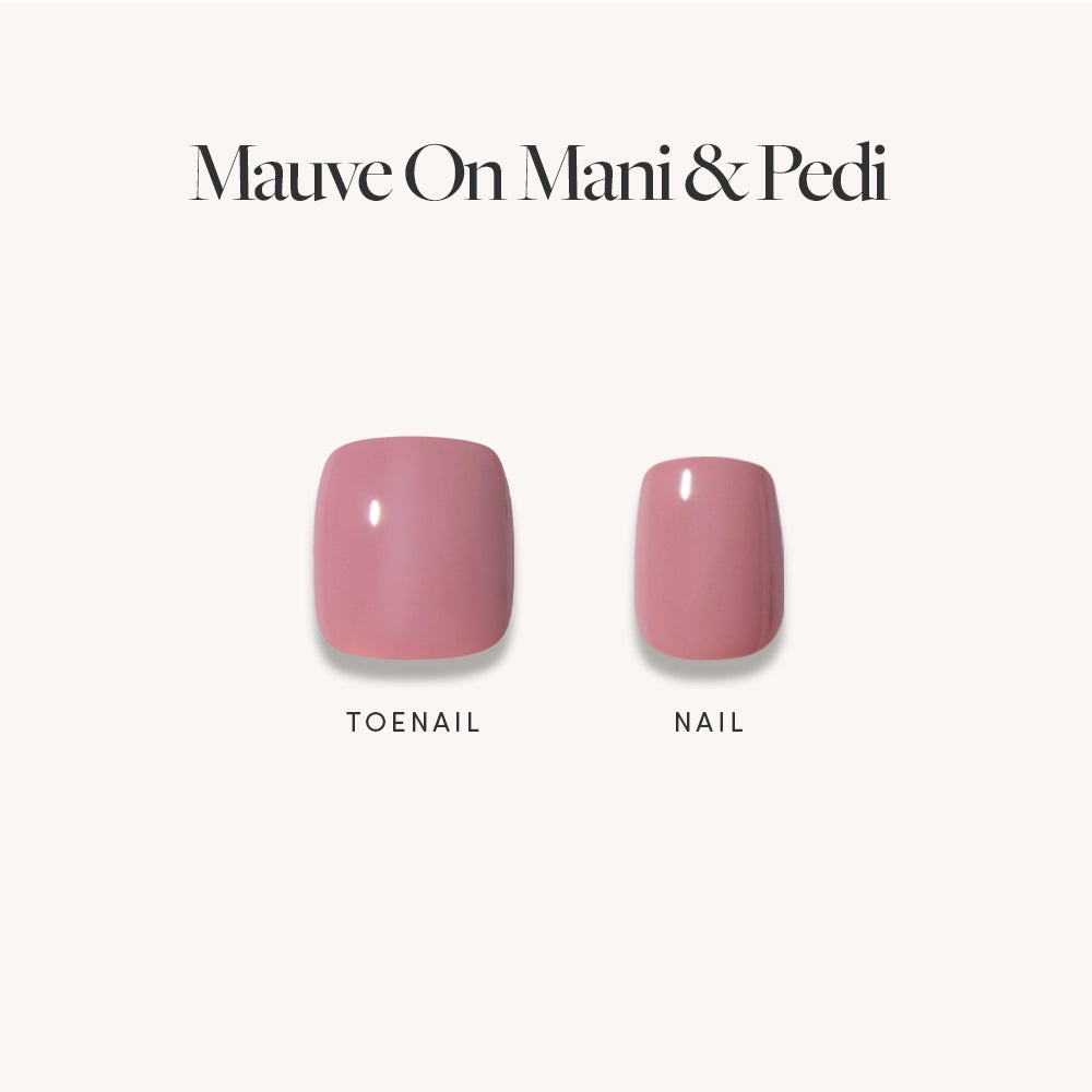 Two press-on nails labeled toenail and nail, in a muted blush mauve shade, are shown on a plain background. Above them, the text reads "Muted Blush Mauve Mani & Pedi Bundles" by glamnetic. - Product image