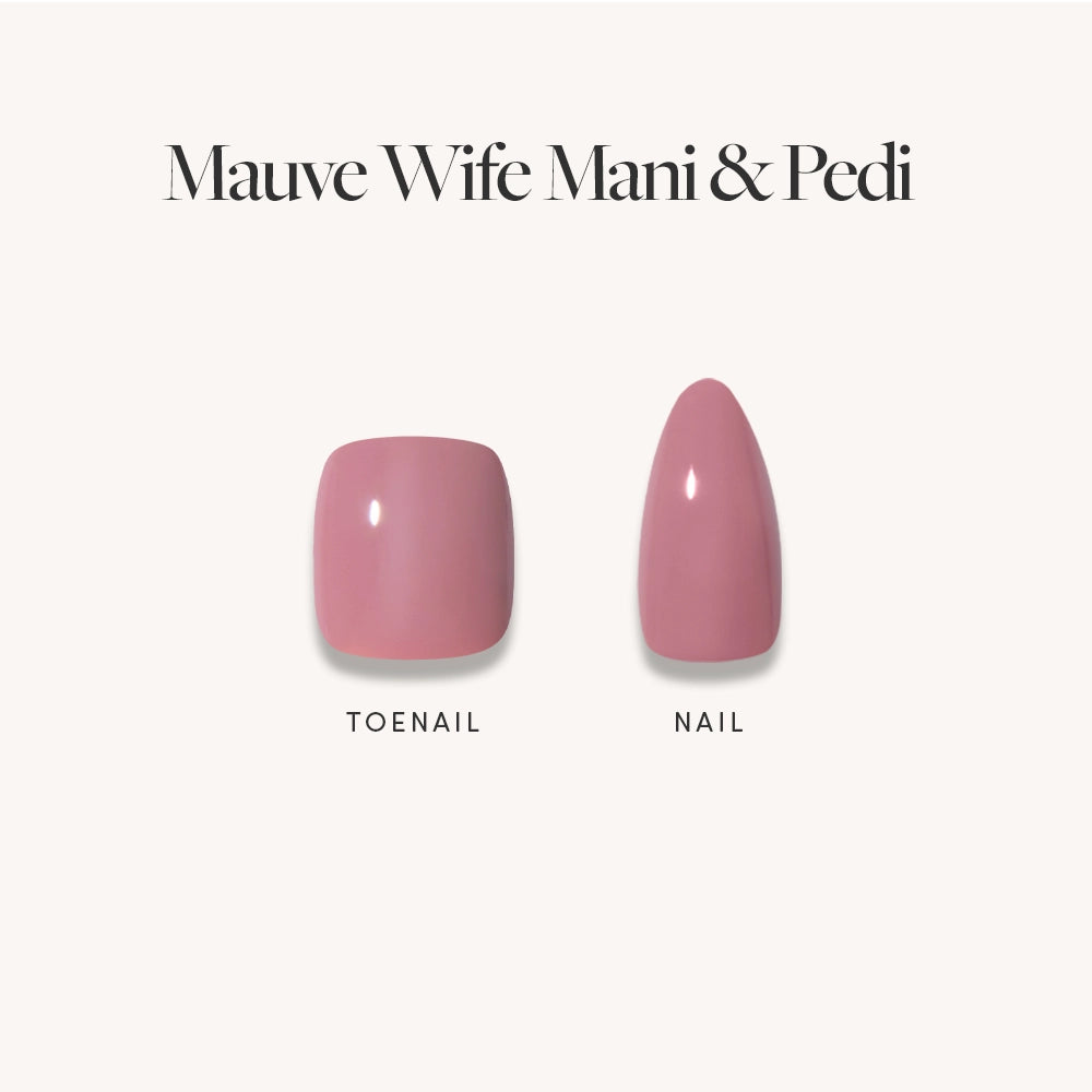Two mauve press-on nails—a square toenail and an almond fingernail—sit side by side on a light background. Text reads "Muted Blush Mauve Mani & Pedi Bundles" from glamnetic, featuring this chic mani-pedi set. - Product image