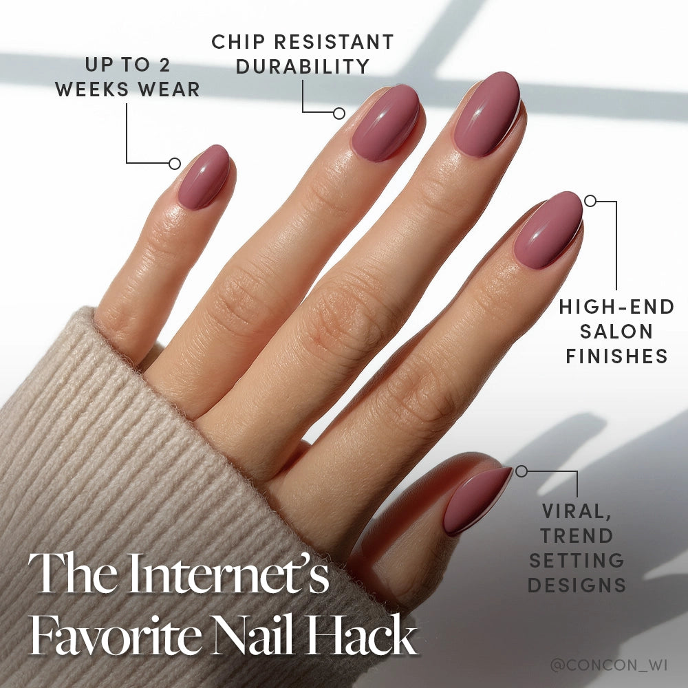 A hand with glossy, mauve Fall Mauve press-on nails by glamnetic is shown. Text highlights up to 2 weeks wear, chip-resistant durability, salon-quality finish, and trending fall styles. A sweater sleeve covers the wrist. - Product image