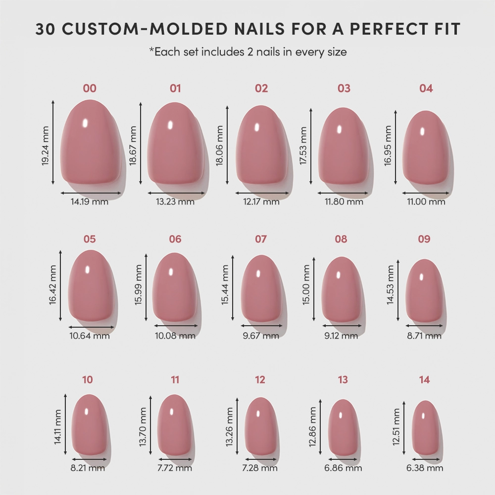A chart shows 15 sizes of pink glamnetic Fall Mauve custom-molded press-on nails, each labeled with number, length, and width. Top text: 30 custom-molded nails for a perfect fit—ideal for Fall Mauve lovers. - Product image