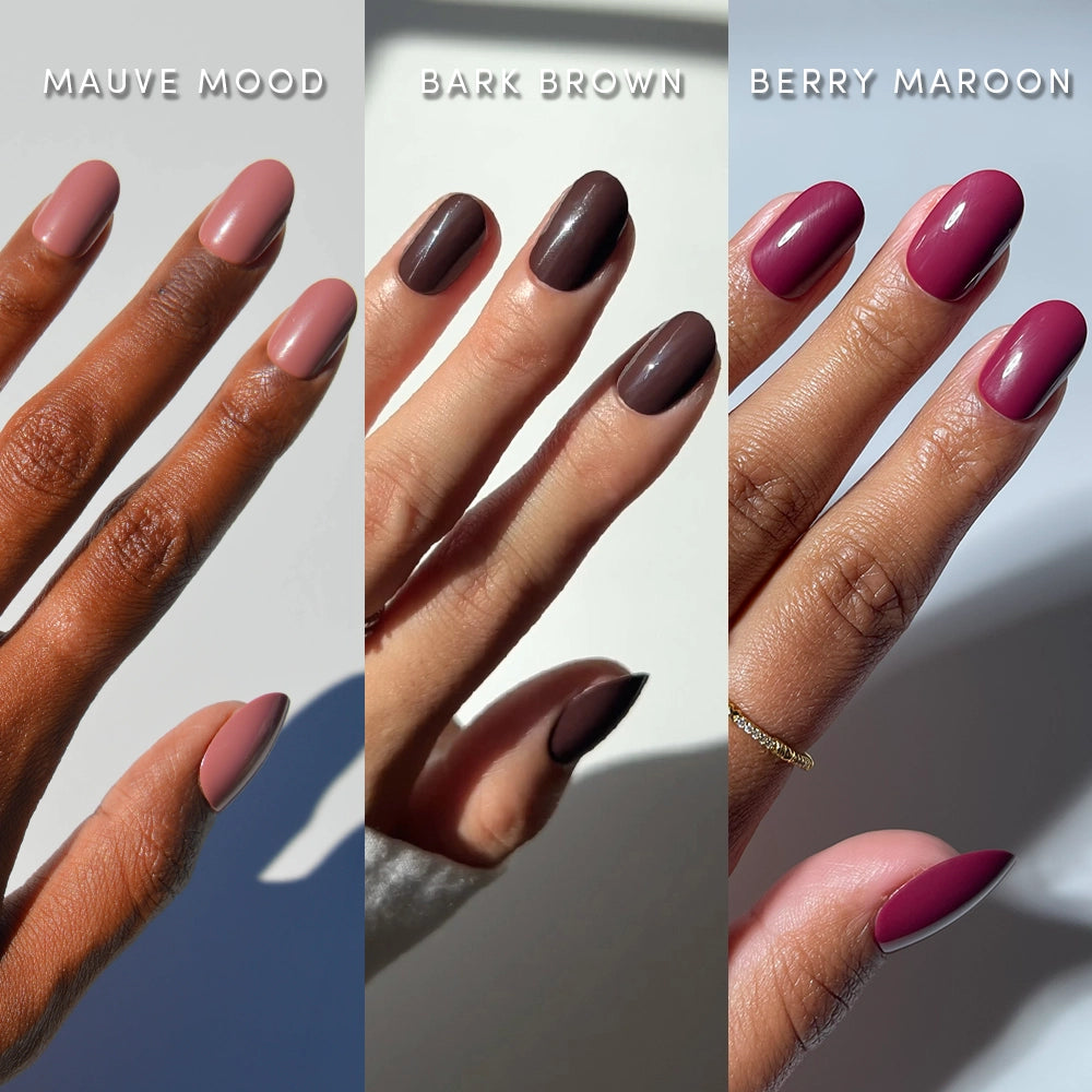 Three hands display the glamnetic Fall for Short Rounds press-on nails: mauve on the left, dark brown in the center, and berry maroon on the right. Each hand features salon-quality short round manicures, labeled with their respective shade names for easy reference.