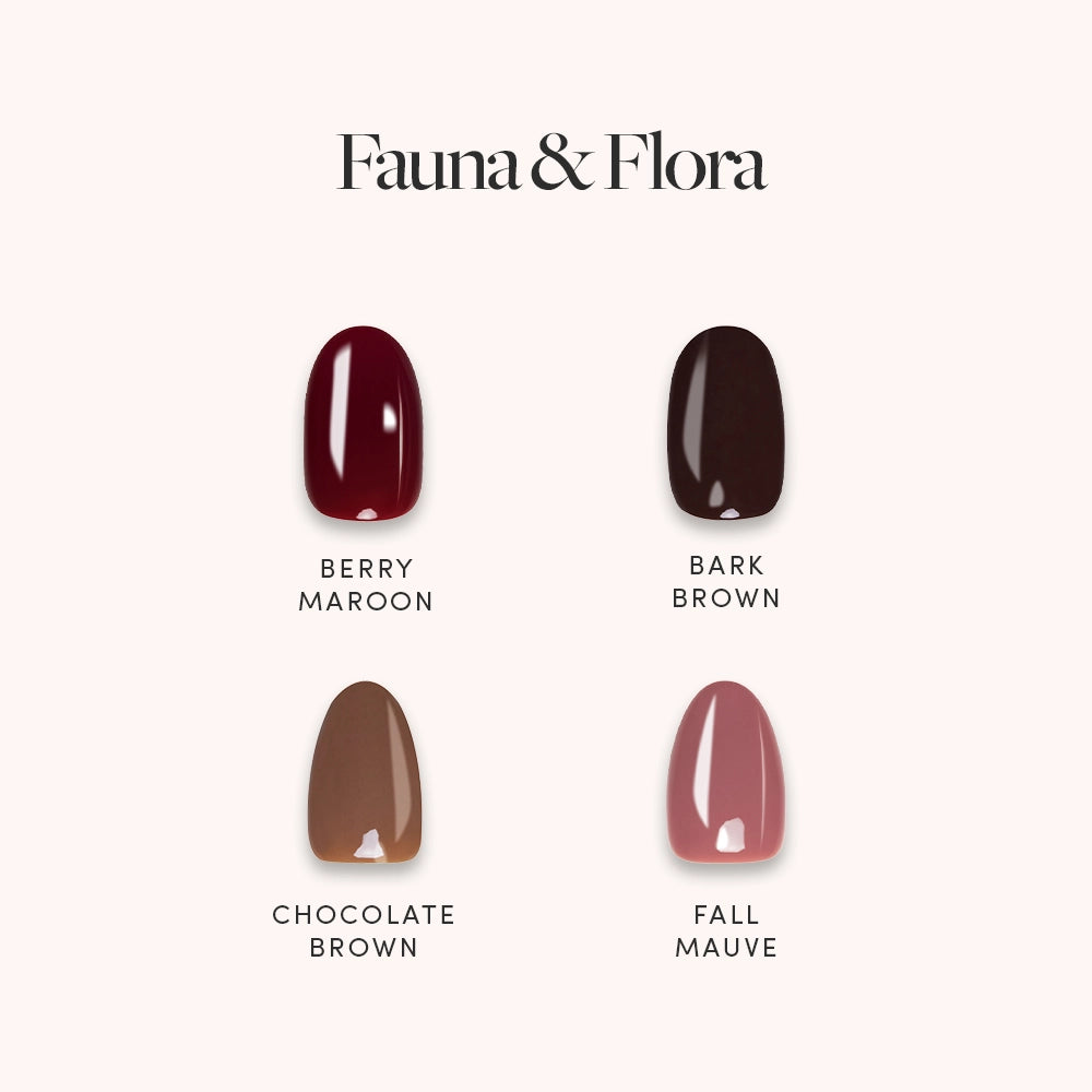 Four vegan, cruelty-free nail swatches—Berry Maroon, Bark Brown, Chocolate Brown, and Fall Mauve—are shown under Fauna &amp; Flora by glamnetic on a light background, ideal for short oval or easy press-on nails.