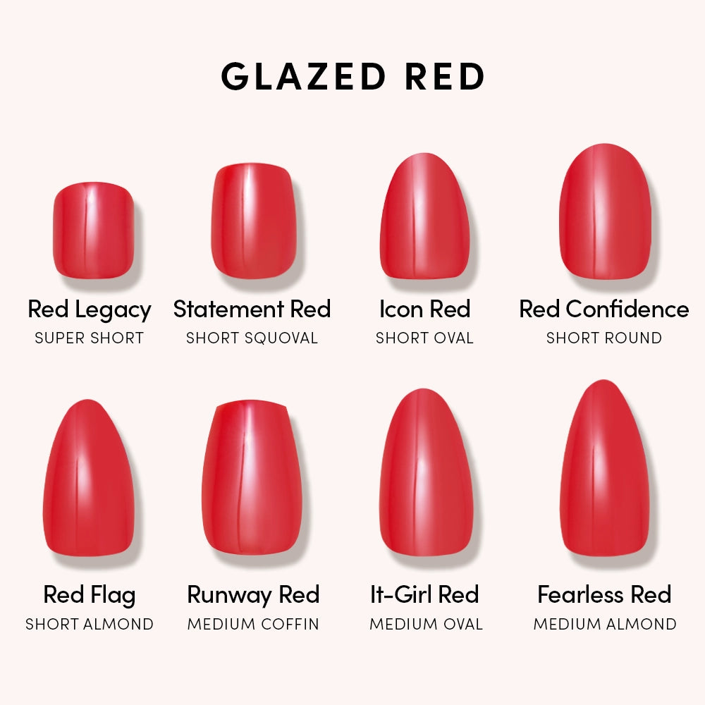 Show off salon-quality nails with glamnetic’s Fearless Red. Eight glossy red nail shapes, from super short to medium almond, deliver flawless styles like Red Flag—all as easy-to-apply press-ons. - Product image