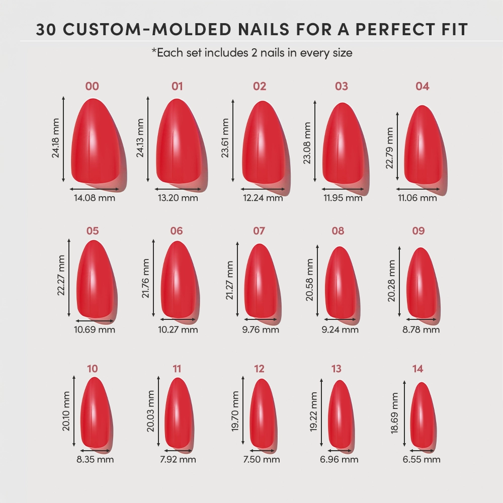 A chart displays 15 sizes of glamnetic Fearless Red almond nails, each labeled with width and length in millimeters. Each set includes two press-on nails per size for a flawless, salon-quality manicure at home. - Product image