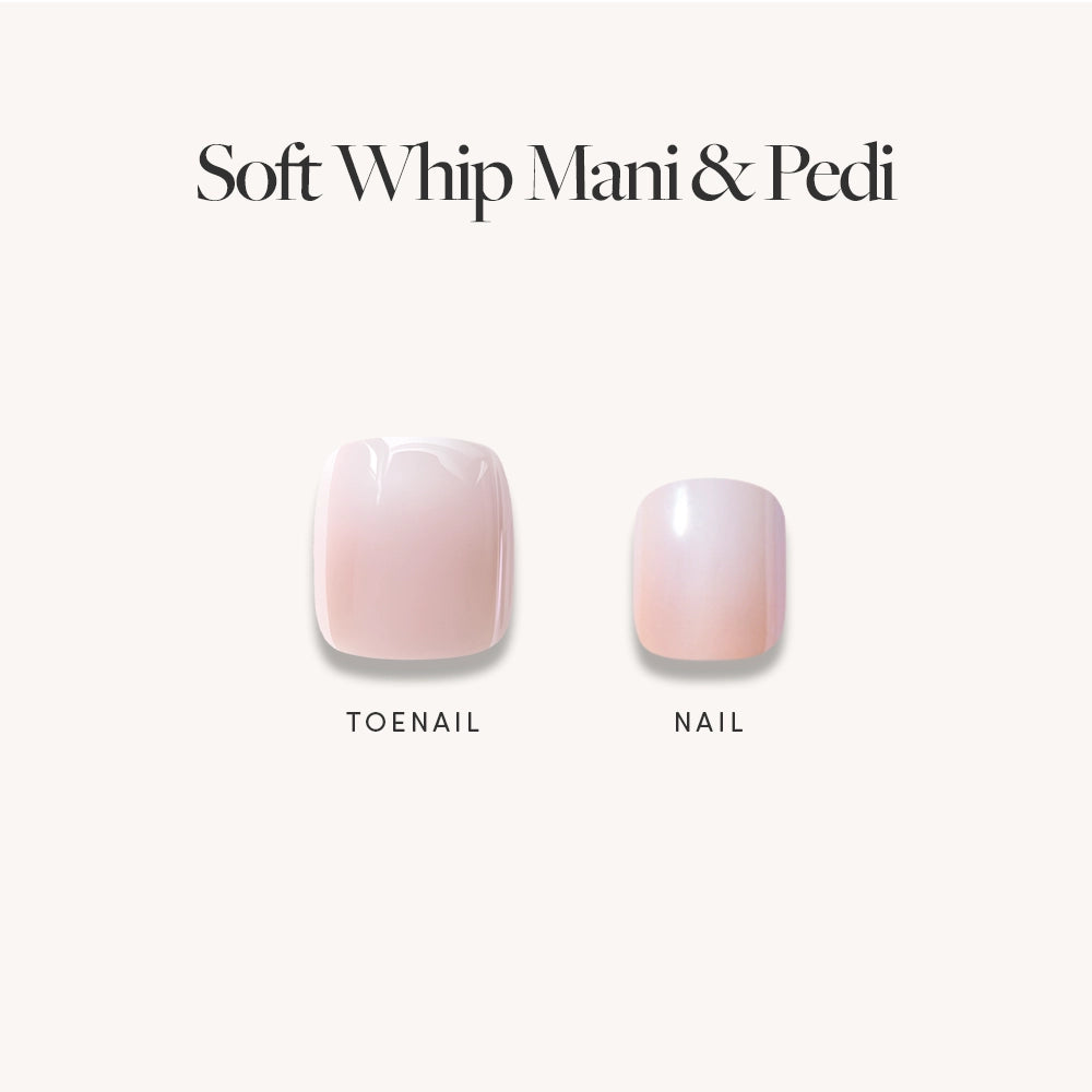 Two press-on nails from glamnetic's Glazed Ombré Mani & Pedi Bundles in soft pink are shown on a plain background, with TOENAIL and NAIL labels. Text above says: Perfect for a subtle nude-to-white mani-pedi look. - Product image