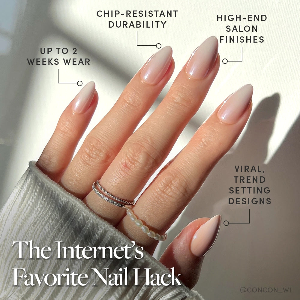 A hand with long, glossy nude ombré Fiancéd nails by glamnetic is shown, featuring stacked rings. Text notes chip-resistant durability, salon-quality finish, and up to 2 weeks of wear with the Fiancéd Nail Set. - Product image