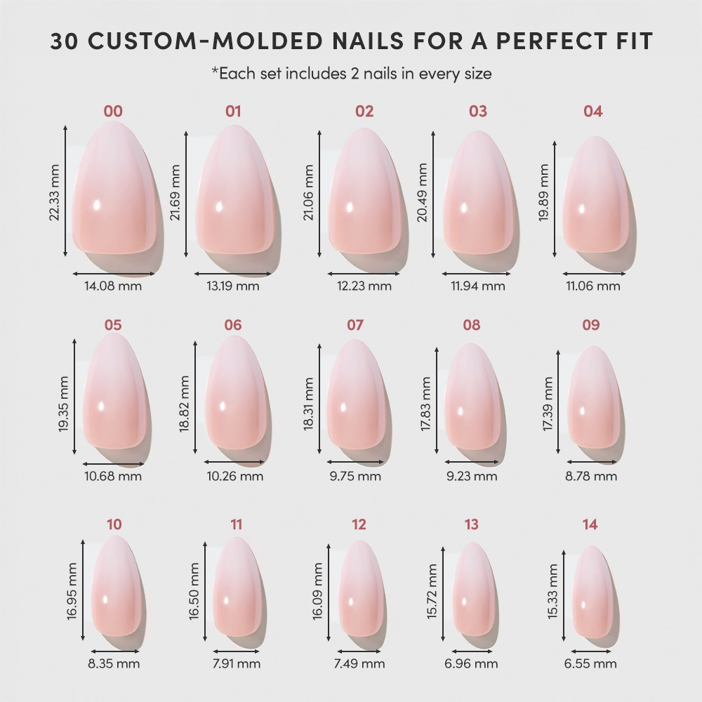 A chart shows 15 sizes of glamnetic’s Fiancéd custom-molded press-on nails, each labeled with number and millimeter length and width. The glossy light pink set is arranged in rows—ideal for creating French tips or ombré styles. - Product image