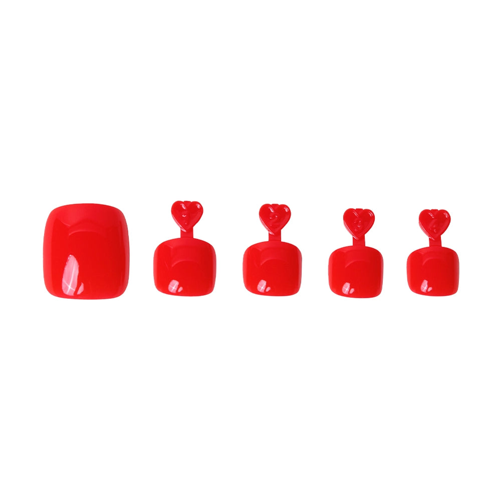 Glossy bold red press-on toenails in five sizes, each with heart-shaped tabs for application. - Product image
