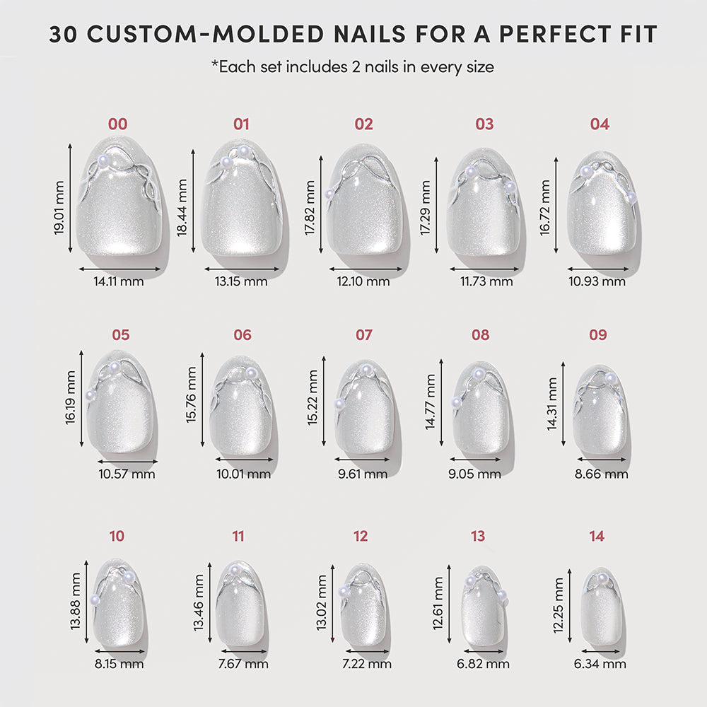 A sizing chart for Fine Silver short oval press-on nails by Glamnetic, showing 15 sizes decorated with a small pearl, each labeled with sizing numbers and specific length and width measurements in millimeters. - Product image
