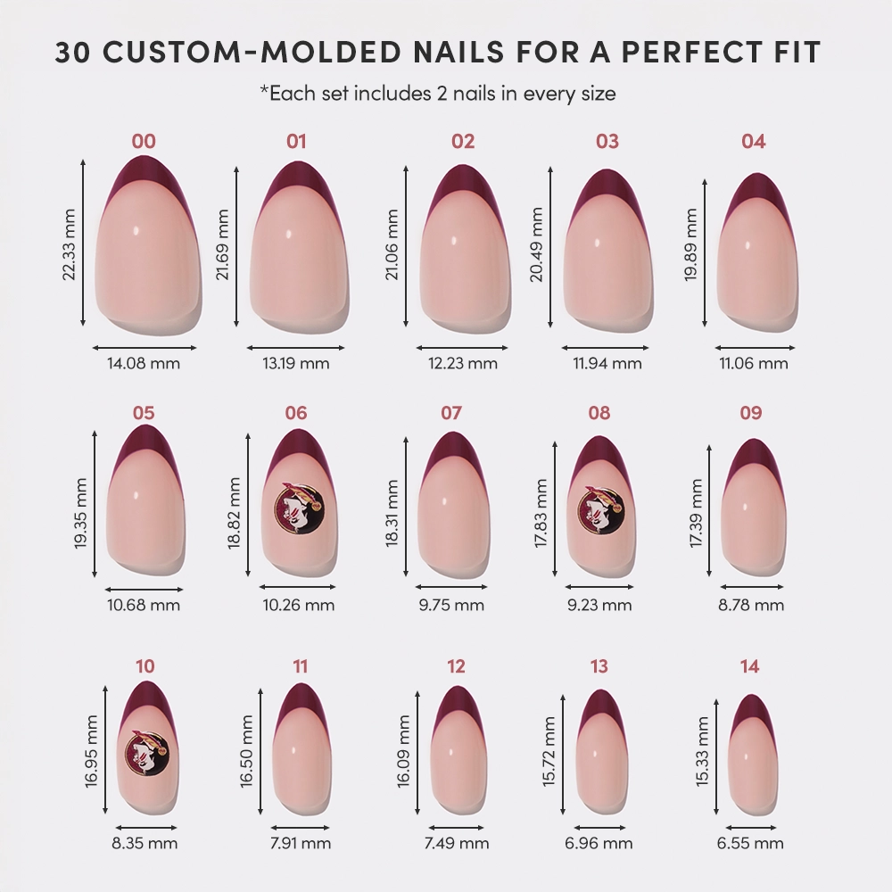 The glamnetic Florida State Seminoles Press-On Nail Set features 15 custom-molded, salon-quality nail sizes, each with number and mm labels. Styles include solid or garnet red French tips, plus three with faces. Set includes two nails per size. - Product image