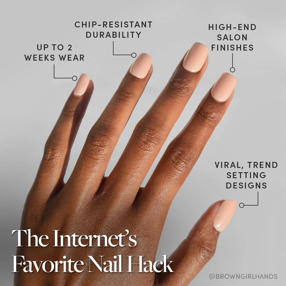 Hand with pink nails and text highlighting nail product features on a gray background - Product image