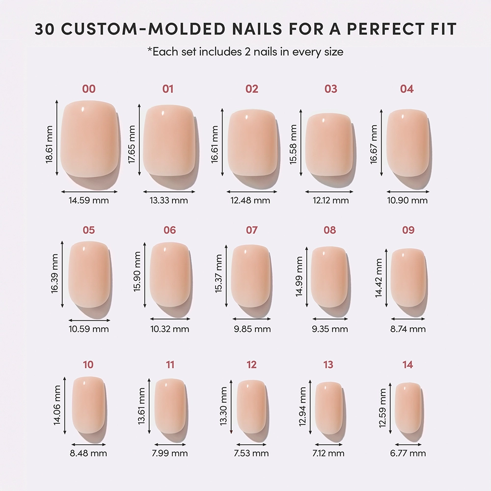 Visual size chart of the “For The It Girls” nail set, showing all 15 sizes (each repeated for a total of 30 nails). Each nail is shown with its dimensions in mm, featuring a French tip or pearl-decorated pink base.

 - Product image