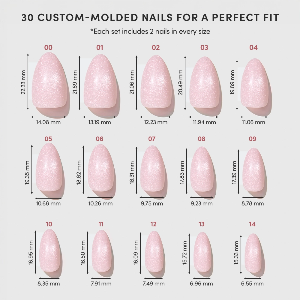 A chart displaying 15 sizes of glamnetic Forever Pink almond-shaped press-on nails, with length and width in millimeters. Each set includes two nails per size for a total of 30, ensuring a custom-molded fit. - Product image