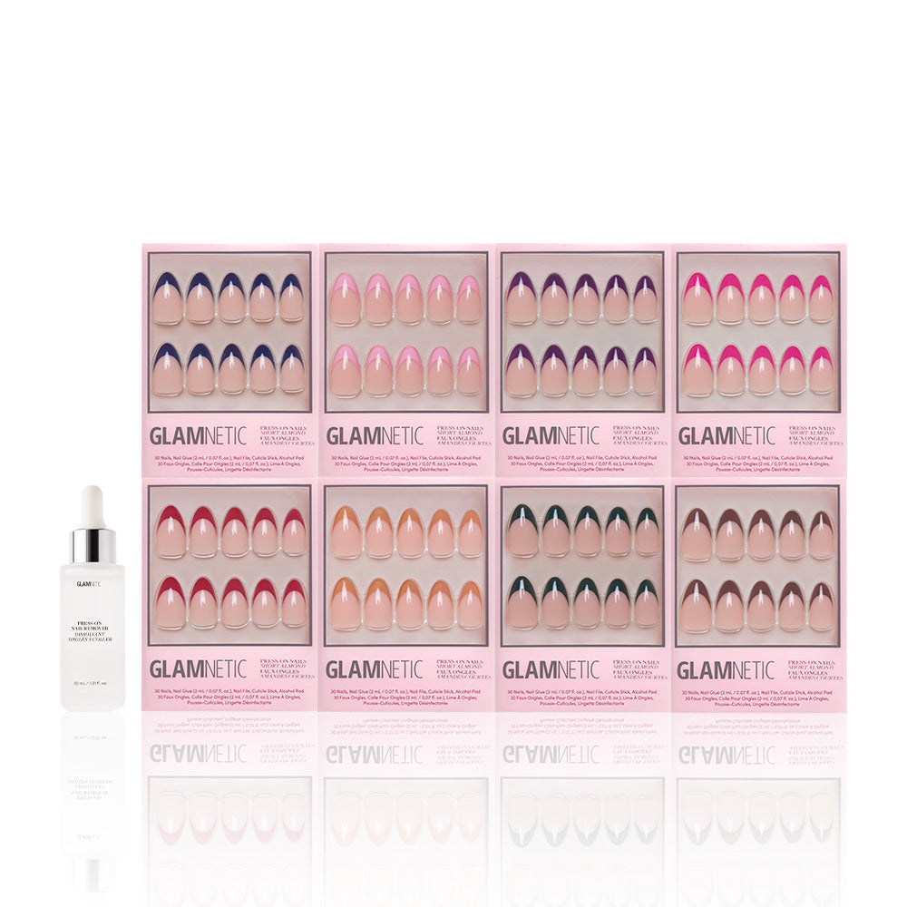 Nine boxes of glamnetic French Tip Collection press-on nails, featuring short almond and French tip styles, are arranged in a grid with nail glue on the left, all on a white background. These reusable nails offer easy application and stylish variety. - Product image