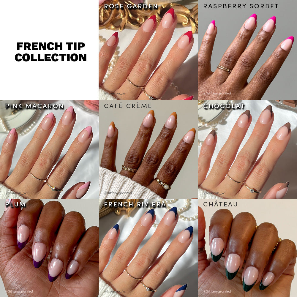A collage showcases nine hands with French tip manicures on short almond nails, each with different polish shades and tip designs. Featured: Rose Garden, Raspberry Sorbet, and more. Discover glamnetic’s French Tip Collection of reusable nails for effortless style.
