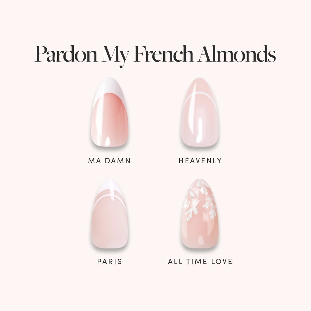 Four glossy almond-shaped press-on nails from glamnetic’s Pardon My French Almonds collection—Ma Damn, Heavenly, Paris, and All Time Love—are arranged on a light background. These salon-quality nails feature chic French-inspired designs, offering an effortlessly elegant look with a modern twist.