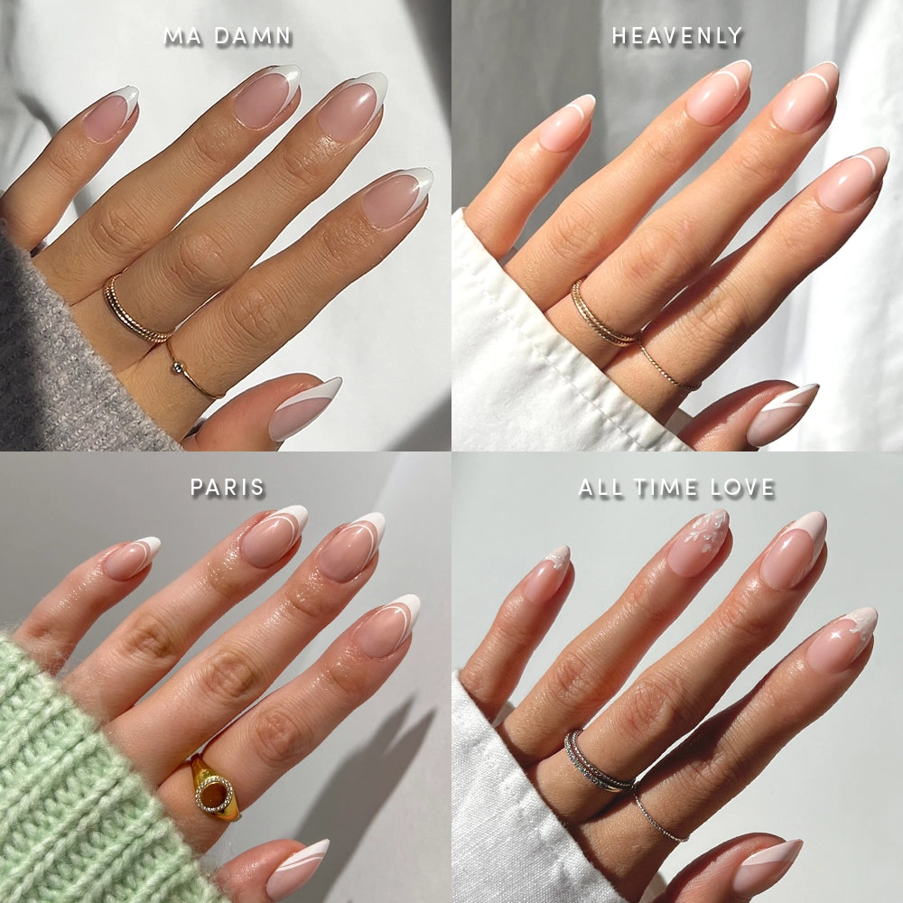 Four images showcase hands with different French manicure styles, labeled Ma Damn, Heavenly, Paris, and All Time Love. Each hand features neatly shaped almond press-on nails from glamnetic’s Pardon My French Almonds collection and is accessorized with rings. The manicure shades range from classic to subtle variations, delivering a salon-quality press-on nail look.