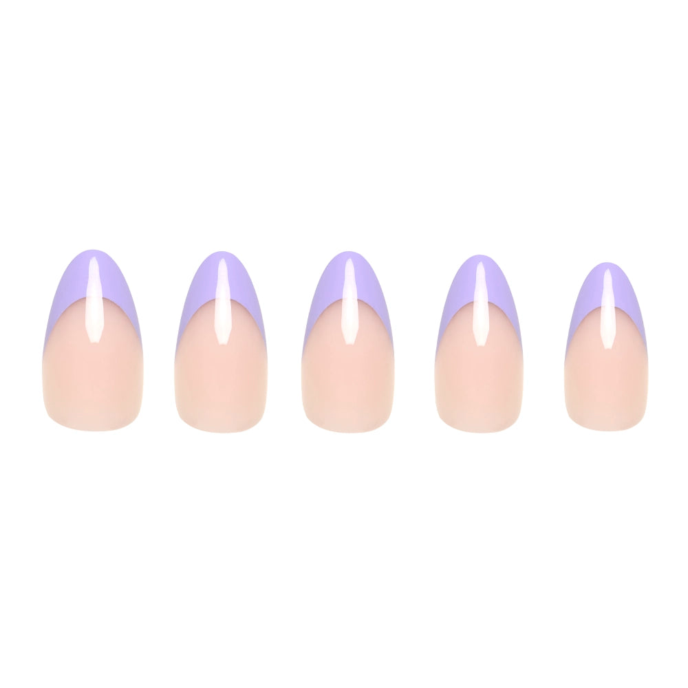 Five artificial nails from glamnetic in the French Lilac style display a short almond shape, nude base, pastel purple French tips, and a white vertical center stripe, all arranged in a row on a white background. - Product image