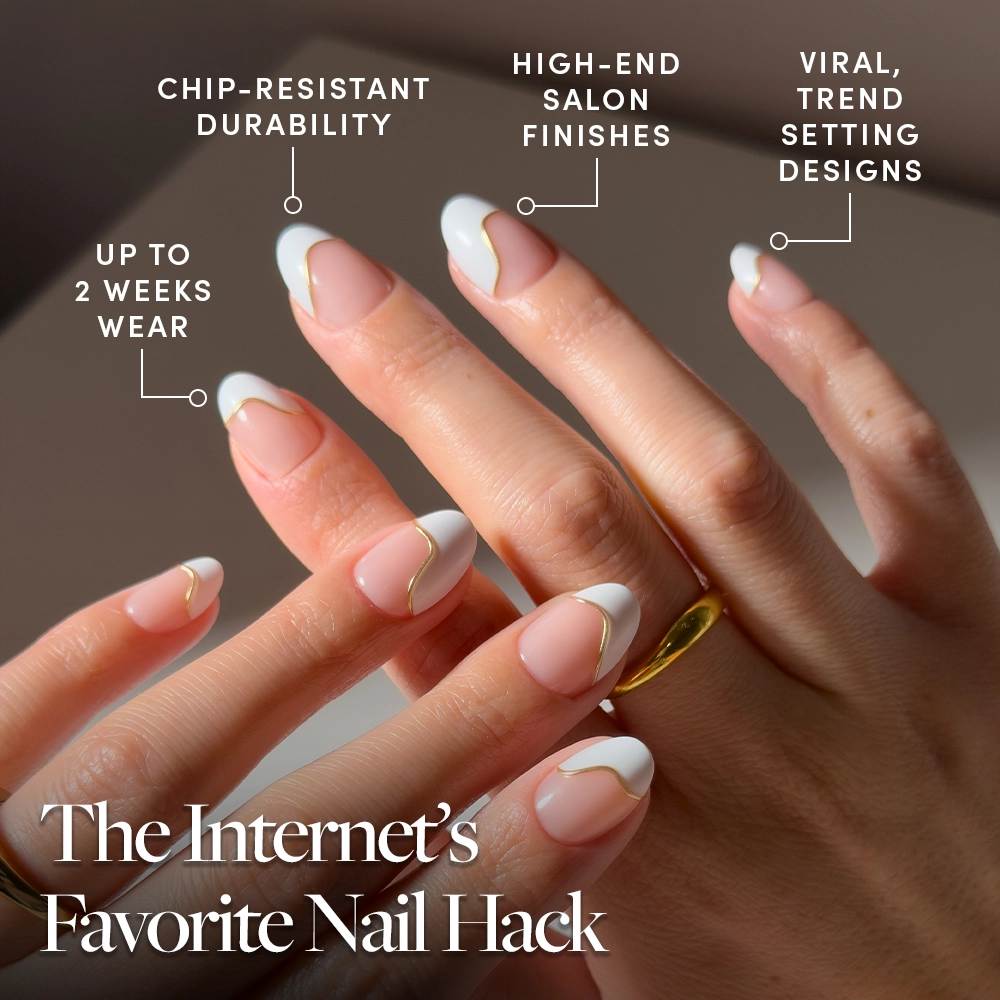 Hands adorned with a gold ring showcase glamnetic French Muse press-on nails—elegant, short ovals in white and gold. Overlay text: chip-resistant, salon-quality, lasts up to 2 weeks, trending designs. - Product image