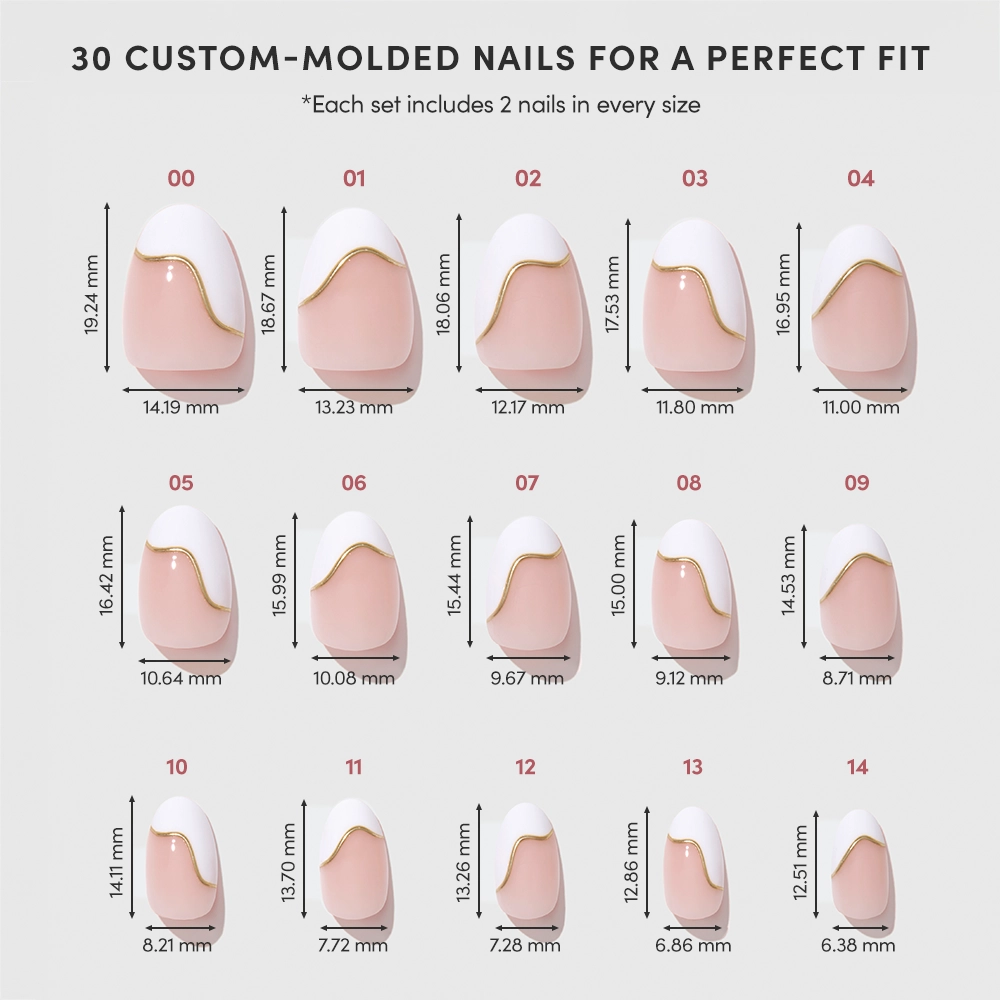 A chart displays 15 sizes of glamnetic French Muse press-on nails, each with a pink base, white tip, and gold accent. Every salon-quality nail shows its width and length in millimeters for a perfect fit. - Product image