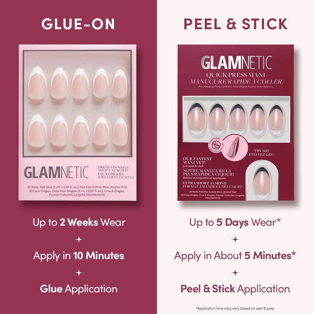 Glamnetic French Noir press-on nails: Glue-On (2 weeks, 10 min) vs no-glue Peel & Stick Quick Press Mani (5 days, 5 min). Both have black French tips in a short almond shape. - Product image