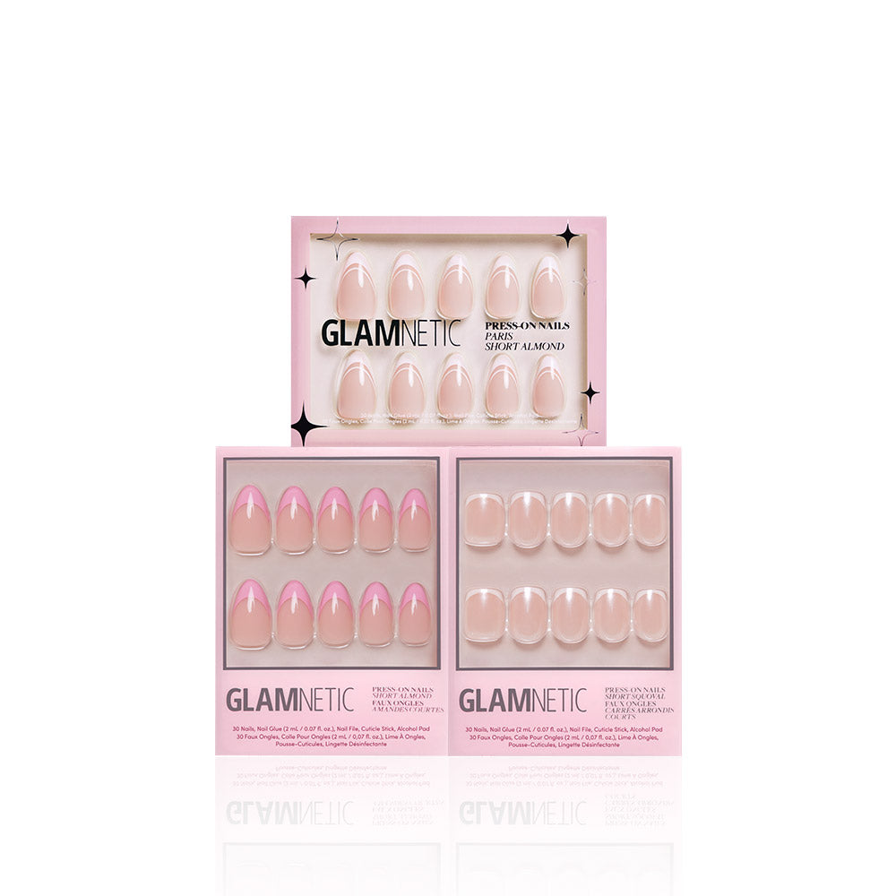 Three boxes of glamnetic French Tip Faves press-on nails in pink packaging sit on a white background. The top showcases nude salon styles, while the other two display chic french tip nails in nude with vibrant pink tips. - Product image